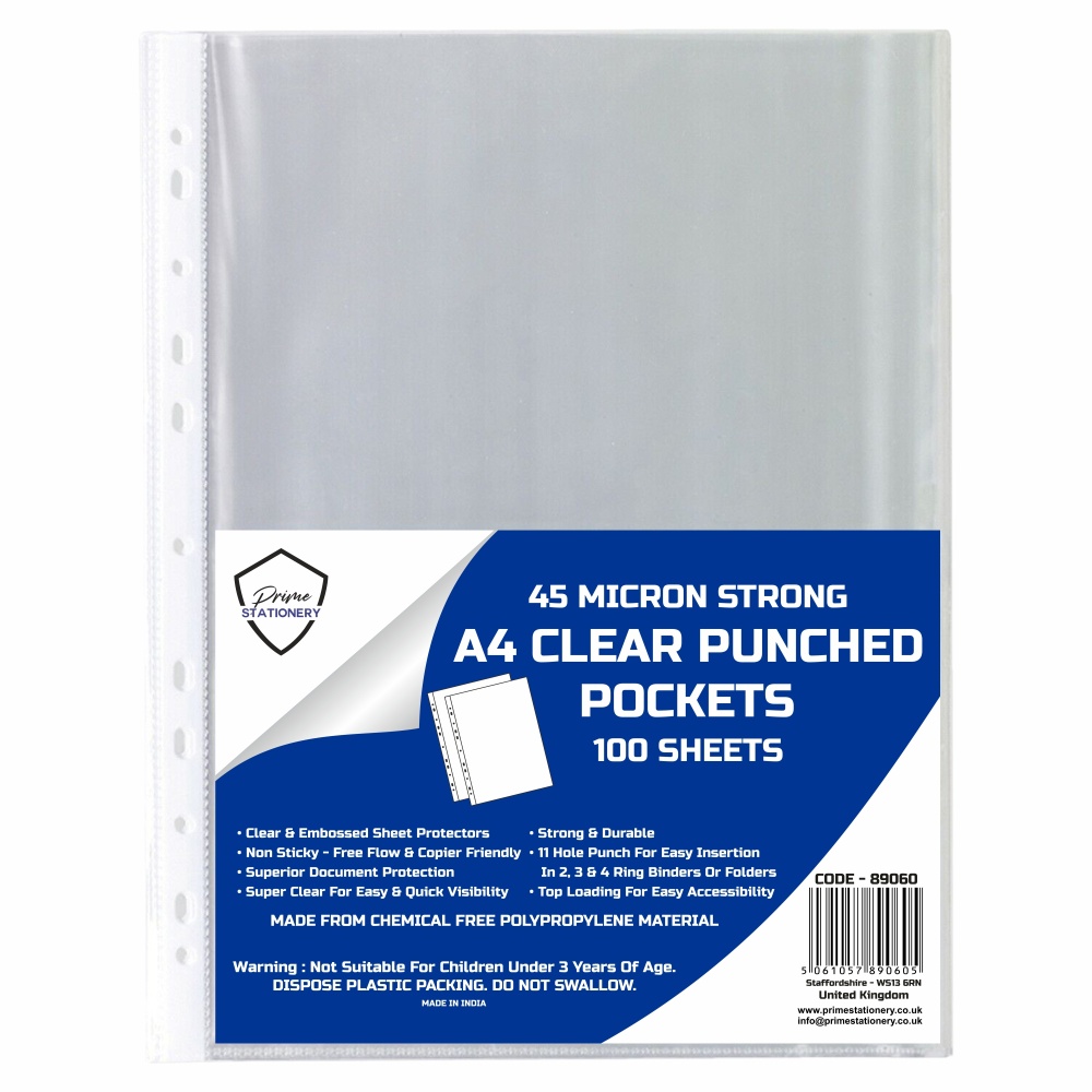 Prime A4 Punched Pockets 45 Micron Pack of 100